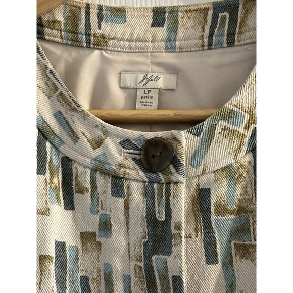 J Jill Jacket Womens Petite L Beige Blue Geo Print Silk Blazer Peplum Hem Boho - Picture 3 of 10